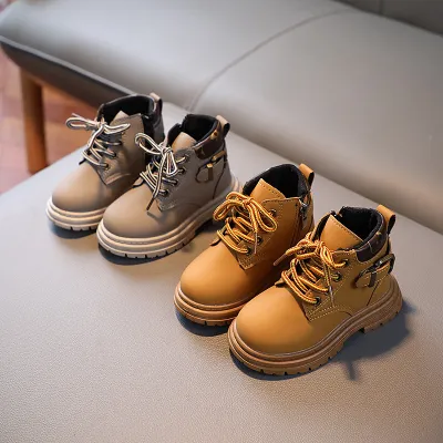 Kids Unisex Autumn Winter Fashion Casual Round-Toe Lace-Up PU Leather Boots
