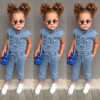 Small And Medium Girls Fan Denim Jumpsuit Summer Children'S Denim Wash Old Jumpsuit
