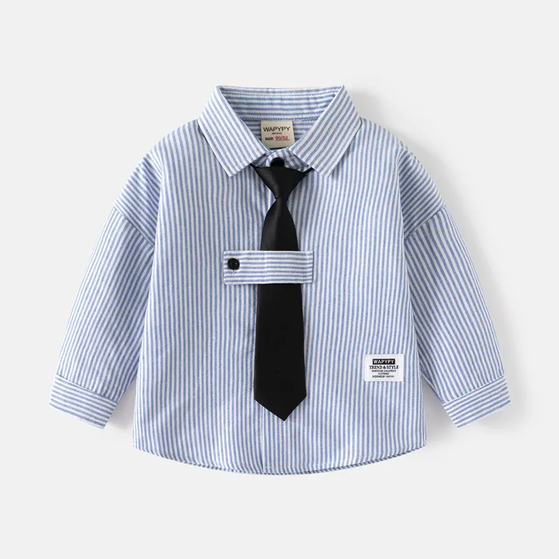 Kids Toddler Boys Fashion Casual Stripe Print Tie Long Sleeve Lapel Shirt