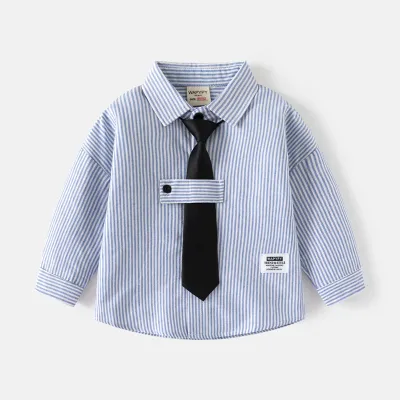 Kids Toddler Boys Fashion Casual Stripe Print Tie Long Sleeve Lapel Shirt