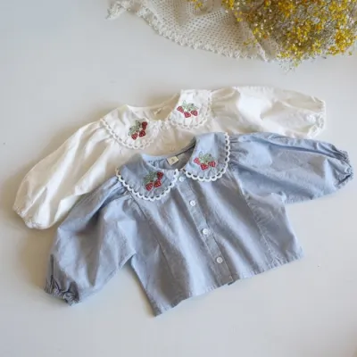 Kids Baby Girls Casual Cute Floral Embroidery Long Sleeve Lapel Shirt