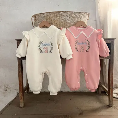 Kids Baby Girls Easter Casual Cute Cartoon Rabbit Embroidery Long Sleeve Round Neck Bodysuit