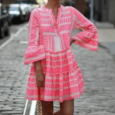 S-3XL Women Geometric Stripe V Collar Printed Dress