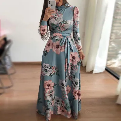 S-5XL Women Floral Printed Lace-up Long Sleeve Maxi Dress