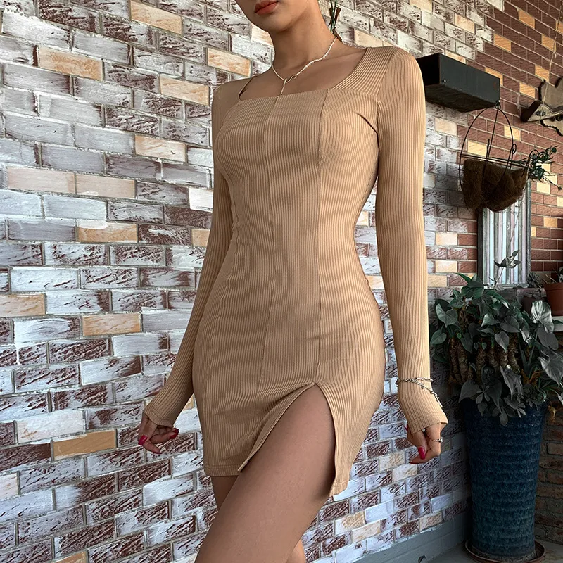 S-L Sexy Square Neck Long-sleeve Side-slit Mini Dress
