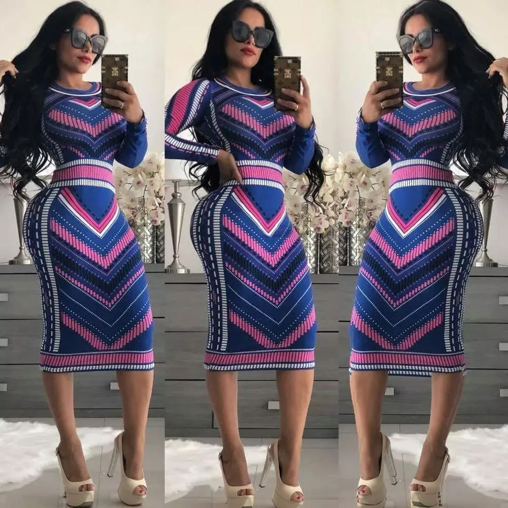 S-XL Women Fashion Multicolor Graphic-Print Long-sleeve Bodycon Midi Dress