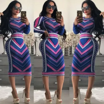 S-XL Women Fashion Multicolor Graphic-Print Long-sleeve Bodycon Midi Dress