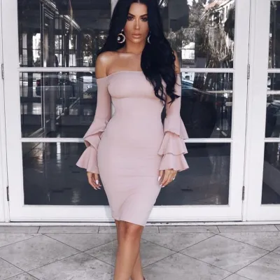 S-XL Sexy Off-the-Shoulder Solid Color Flare Long-sleeve Bodycon Dress