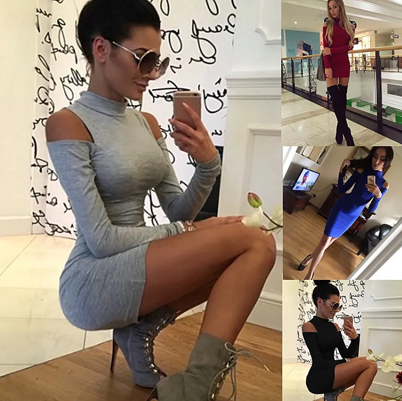 S-XL Women Cool-shoulder Solid Color Long-sleeve Mini Bodycon Dress