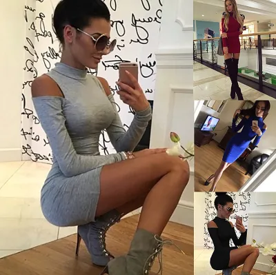 S-XL Women Cool-shoulder Solid Color Long-sleeve Mini Bodycon Dress