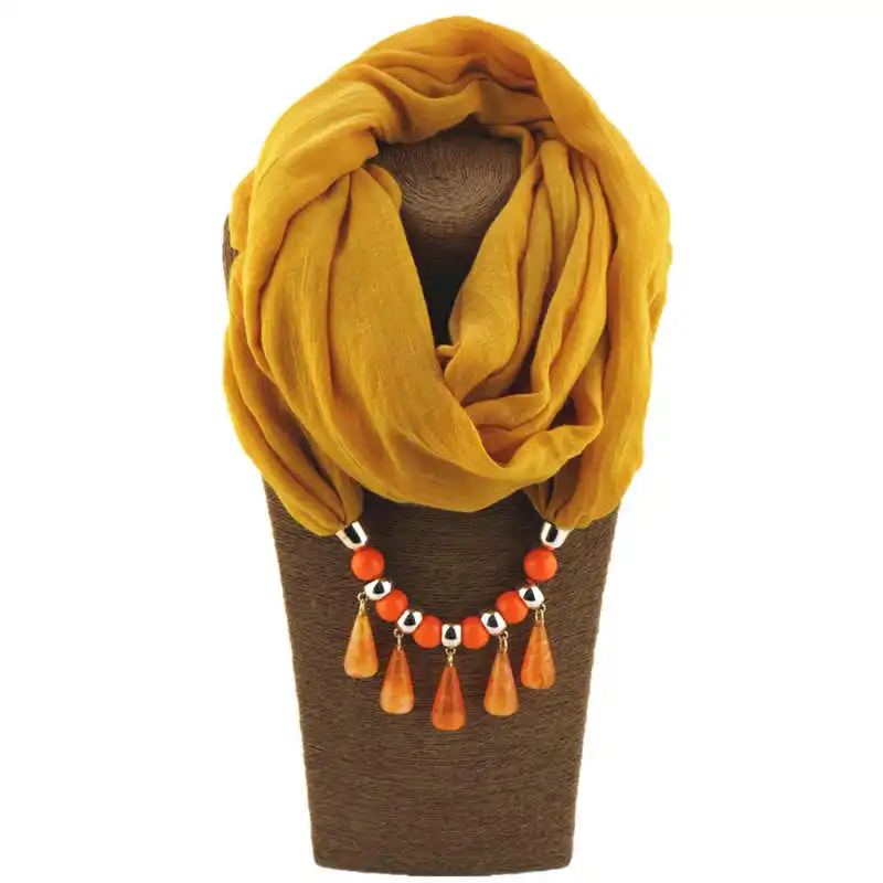 Women Stylish Water Drop Shape Acrylic Pendant Beaded Polyester Scarf Necklace