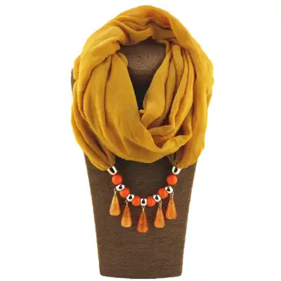 Women Stylish Water Drop Shape Acrylic Pendant Beaded Polyester Scarf Necklace