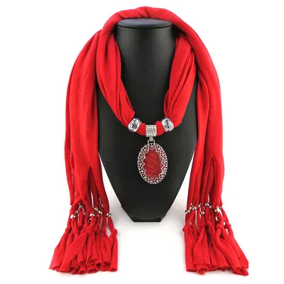 Female Hollow Flower Pattern Oval Nice Stone Pendant Polyester Scarf Necklace