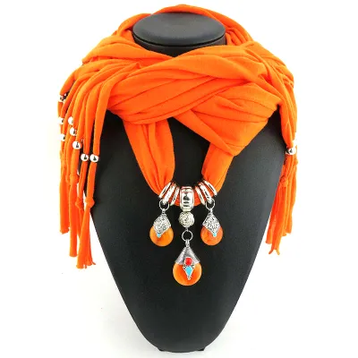 Women Water Drop Shape Resin Pendant Polyester Scarf Necklace