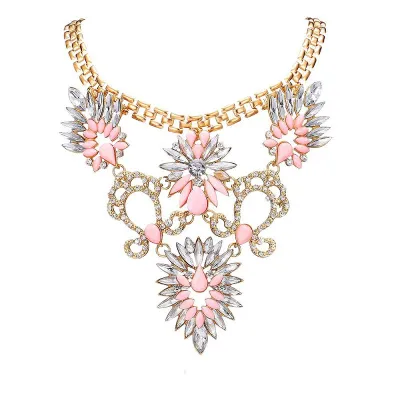 Flower Design Rhinestone Decor Metal Chain Women Statement Necklace