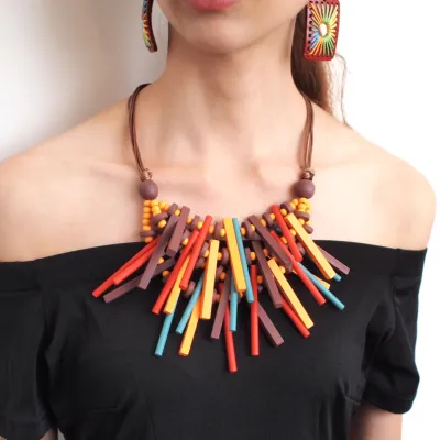 Bohemian Wood Geometric Beaded Statement Necklace