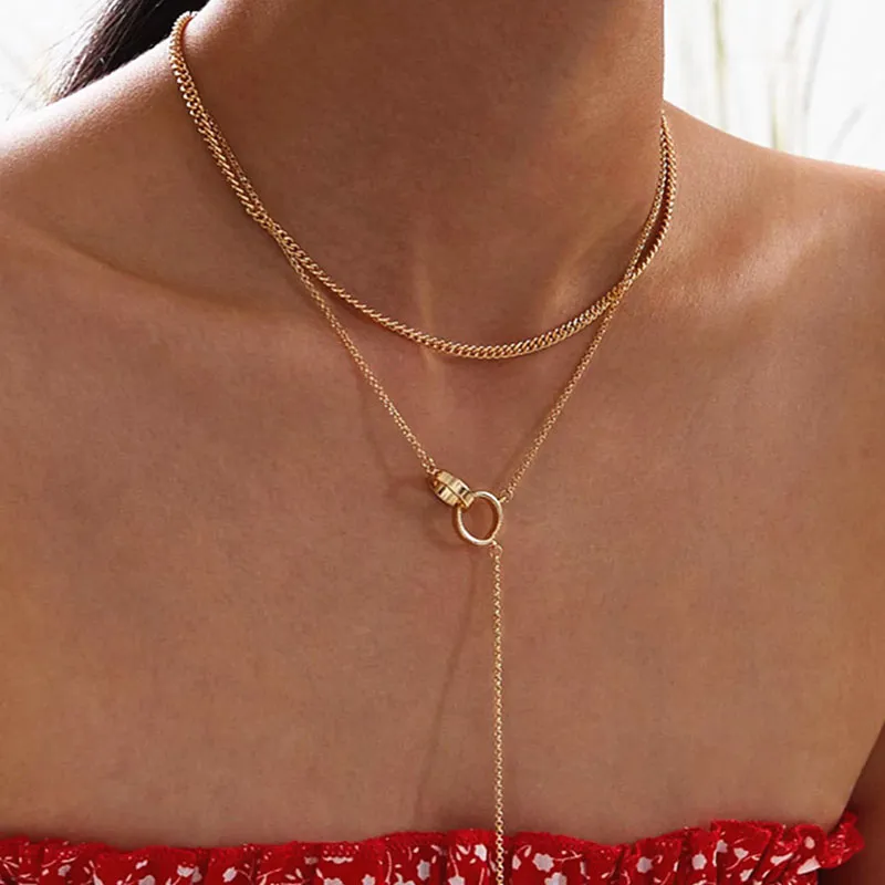 Cross Circle Double-layer Long Tassel Choker Necklace