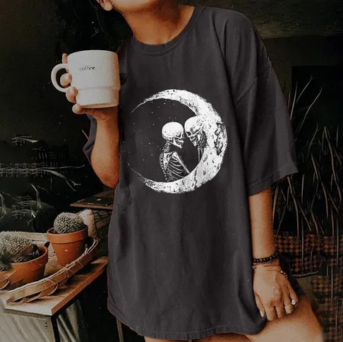 Valentine's Day Plus Size Short Sleeve Couple Skull Moon Print T-Shirt