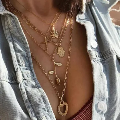 Vintage Exaggerated Geometric Cross Rose Pendant Alloy Multilayer Necklace