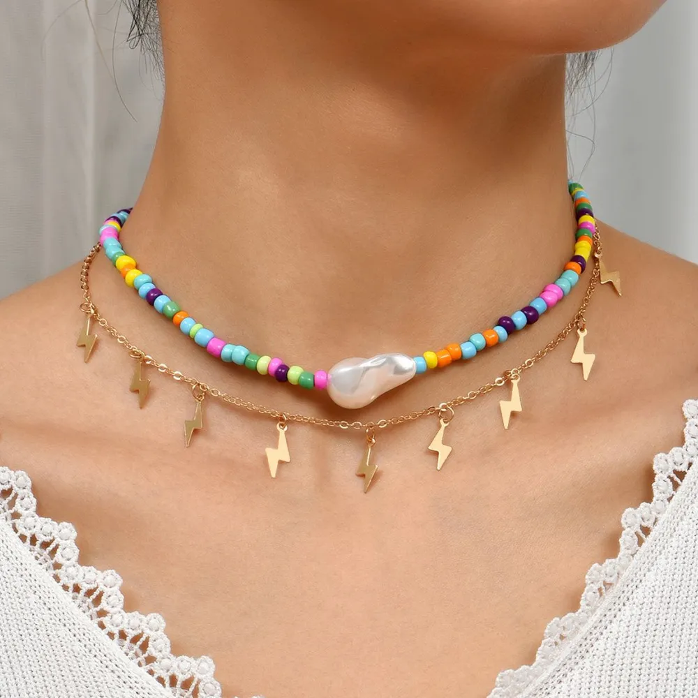 Boho Beaded Design Lightning Pendant Design Alloy Necklace Set