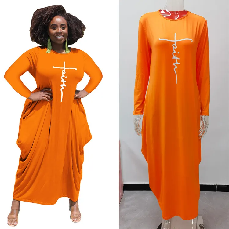 Women Casual Long Sleeve Graphic Printed Irregular Hem Pockets Dress