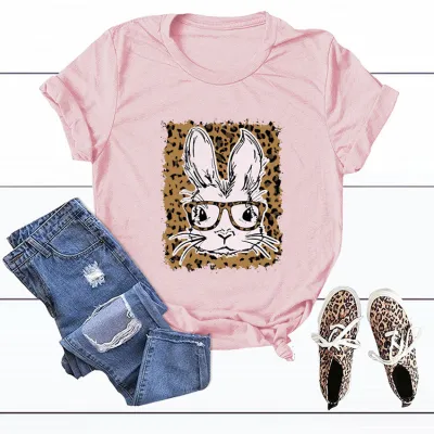 Easter Day Women Casual Graphic Printed Leopard Short Sleeves Colored T-shirt