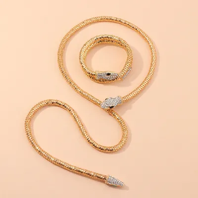 Exaggerated Creative Snake Shape Design Rhinestone Decoration Alloy Necklace And Bracelet