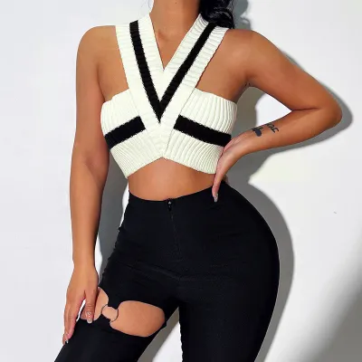 Women Edgy Sexy V Neck Color Blocking Knitted Crop Tank Top