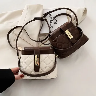 Women Vintage Design Color Blocking Plaid Pattern Shoulder Handle Bag