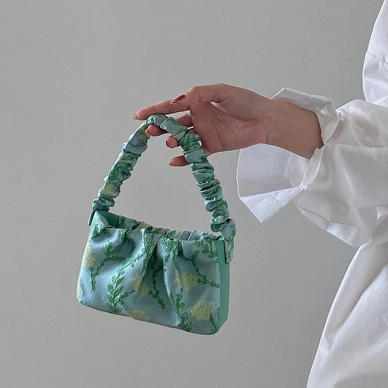 Women Pastoral Embroidery Crease Design Shoulder Handle Bag