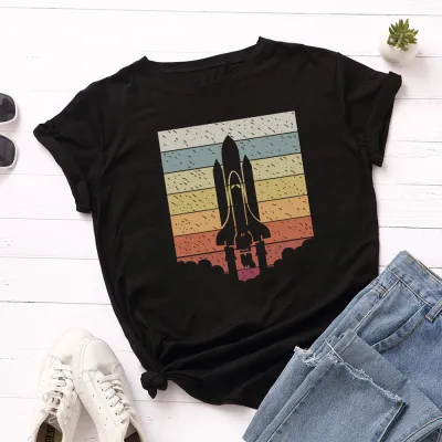 Women Casual Loose Graphic Printed Round Neck Short Sleeves Colored T-shirt