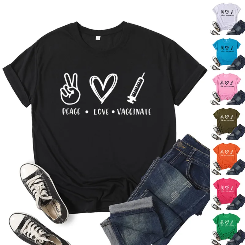 Women Casual Graphic Letter Printed Peace Short-sleeved Round Neck Colored T-Shirt