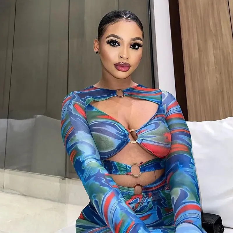 Women Sexy Edgy Round Neck Long Sleeves Cut Out Color Blocking Tie Dye Bodycon Dress