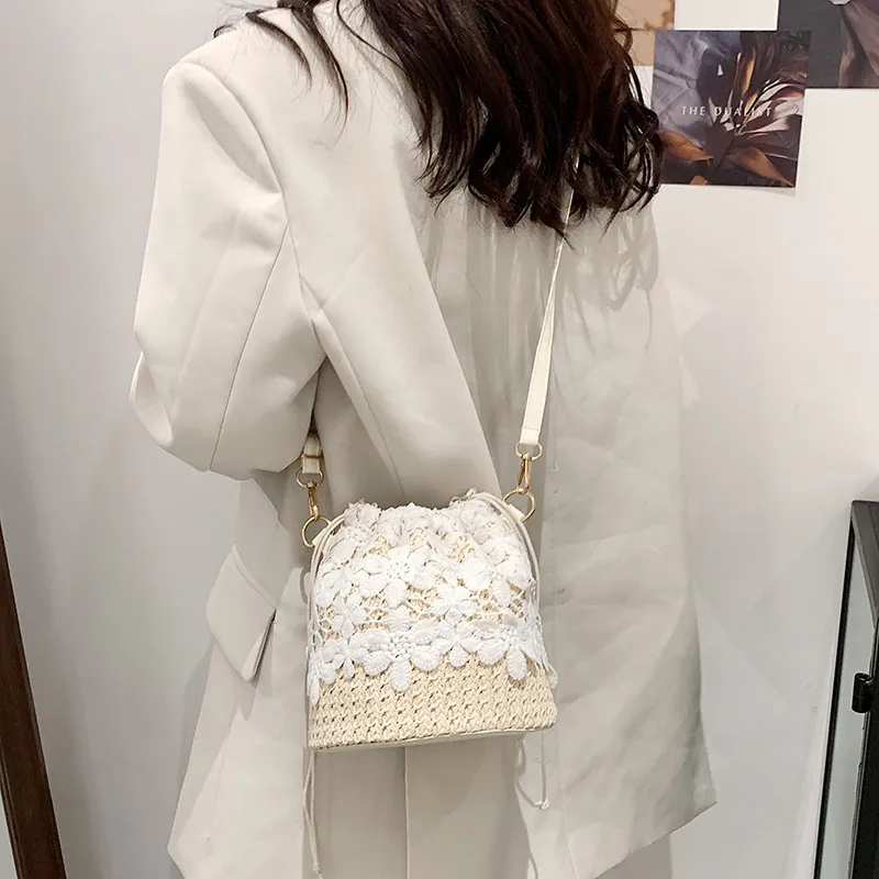 Women Pastoral Summer Lace Woven Bucket Shoulder Handle Bag