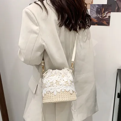 Women Pastoral Summer Lace Woven Bucket Shoulder Handle Bag
