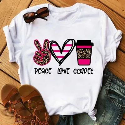 Women Basic Short-sleeved Peace Graphic Letter T-shirt