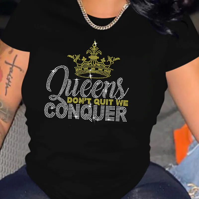 Women Casual Short Sleeves Round Neck Rhinestone T-shirt Orange
