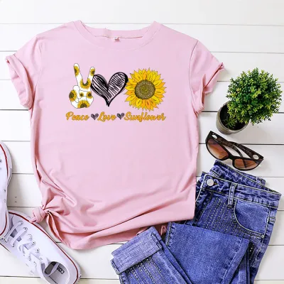 Women Casual Peace Graphic Printed Short Sleeves Round Neck Colored T-shirt