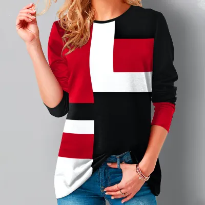 Women Casual Elegant Color Blocking Long Sleeves Round Neck T-shirt
