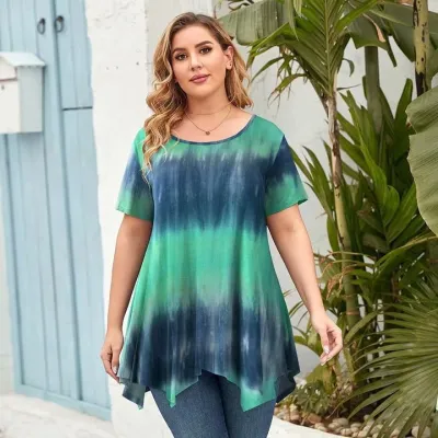 Plus Size Women Casual Summer Short Sleeves Tie Dye Floral Print Irregular Top