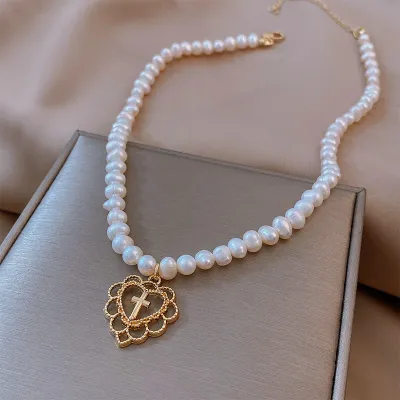 Temperament Heart Shaped Cross Design Pearl Decoration Alloy Choker Necklace