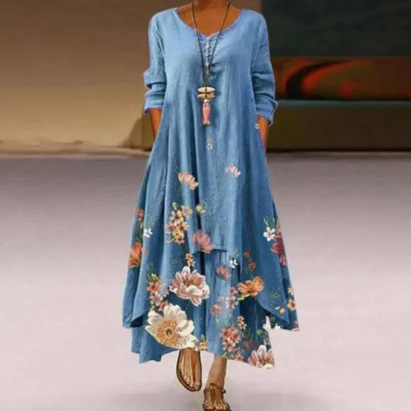 Women Elegant Floral Print Long Dresses Casual Irregular Hem Plus Size Dress