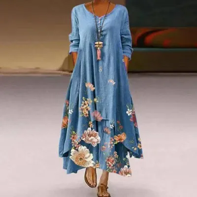 Women Elegant Floral Print Long Dresses Casual Irregular Hem Plus Size Dress