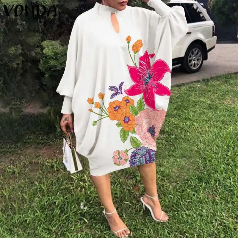 Women Casual Elegant Vintage Long Sleeve Floral Printed Midi Dress