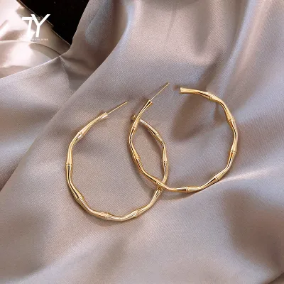 Creative Design Sense Metal Golden Bamboo Shape Big Hoop Earrings