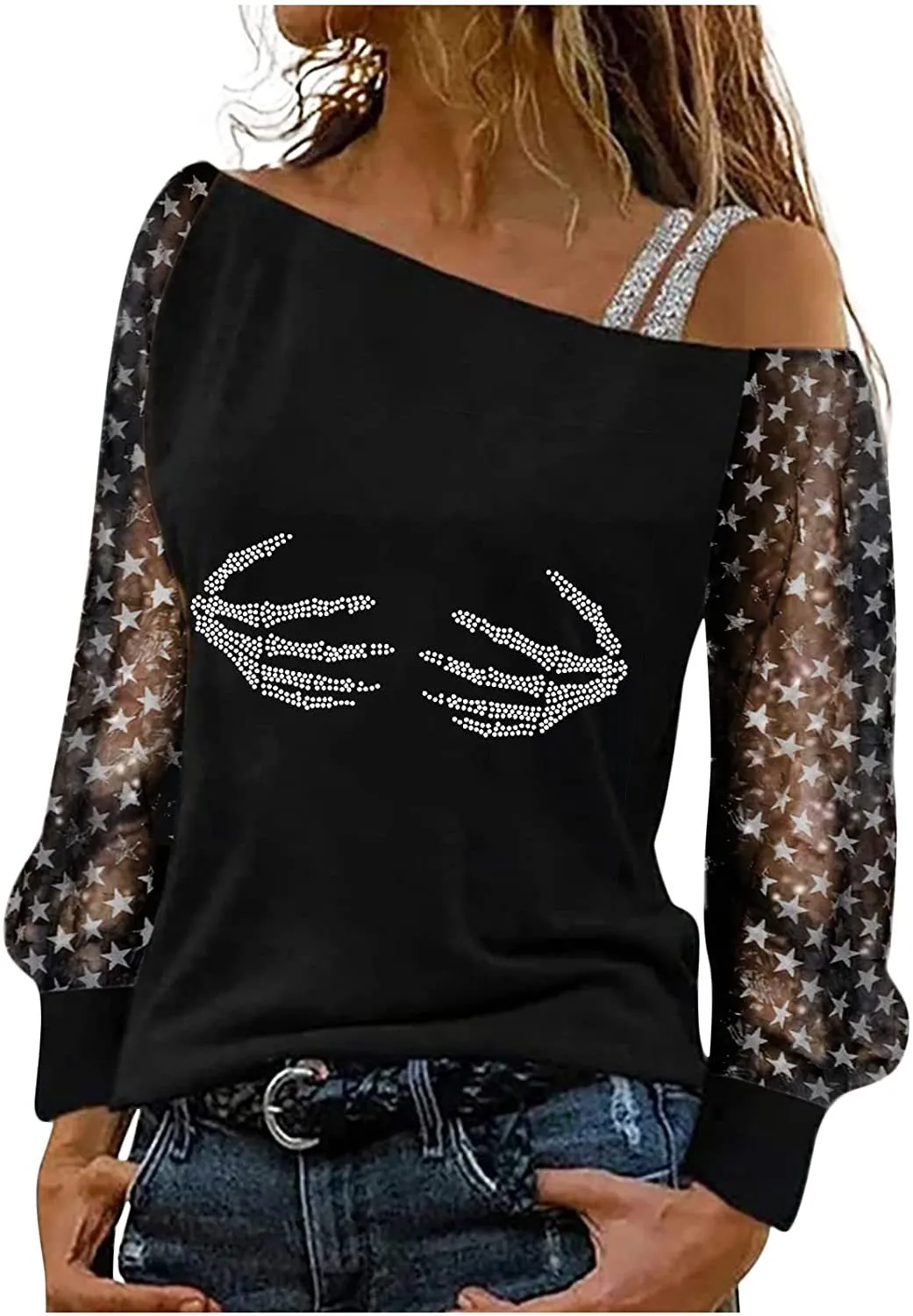 Women Casual Mesh Patchwork See-through Long-sleeved Top