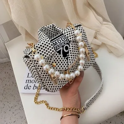 Women Chic Chain Zipper Design Pearl Decoration PU Crossbody Bag