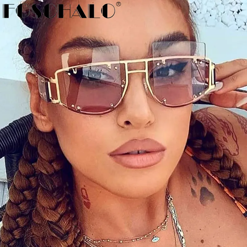 Women Unique Rimless Design Square Shaped Lenses Sunglasses