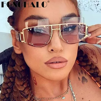 Women Unique Rimless Design Square Shaped Lenses Sunglasses