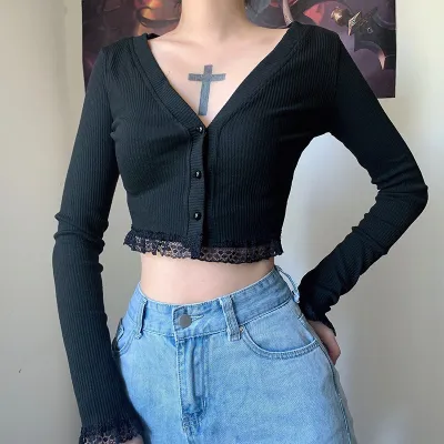 Women Basic Lace Patchwork Knitted Long Sleeve V Neck Solid Color Crop Top